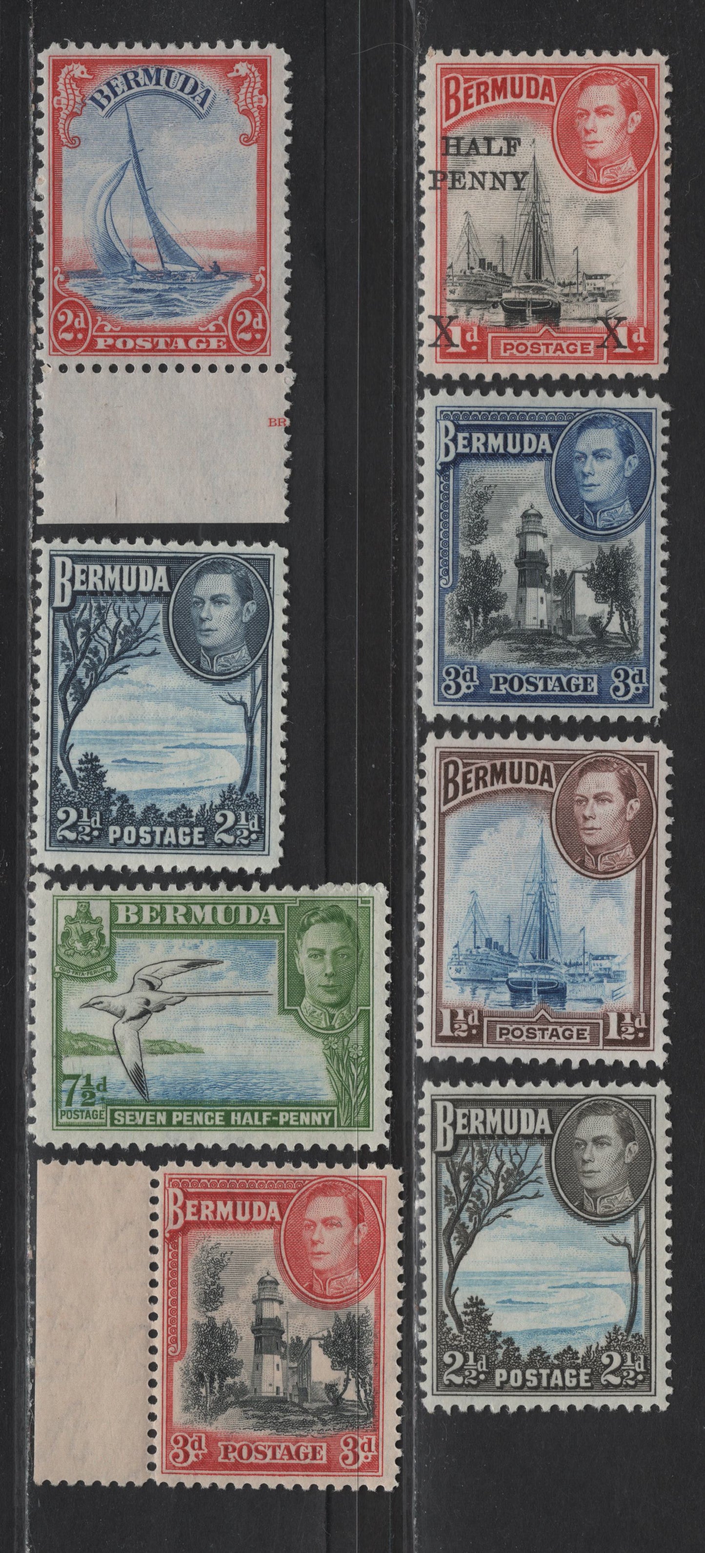 Lot 95 Bermuda SG#111a, 112a, 113,b, 114-b, 122 1/2d on 1d - 7.5d Scarlet - Black, Blue & Yellow Green King George VI, 1938-1950 KGVI Pictorial Issue, 8 F/VFNH Singles, All Line Perf, The Surcharge Has 12.5mm Spacing Between 'Penny' & 'x'