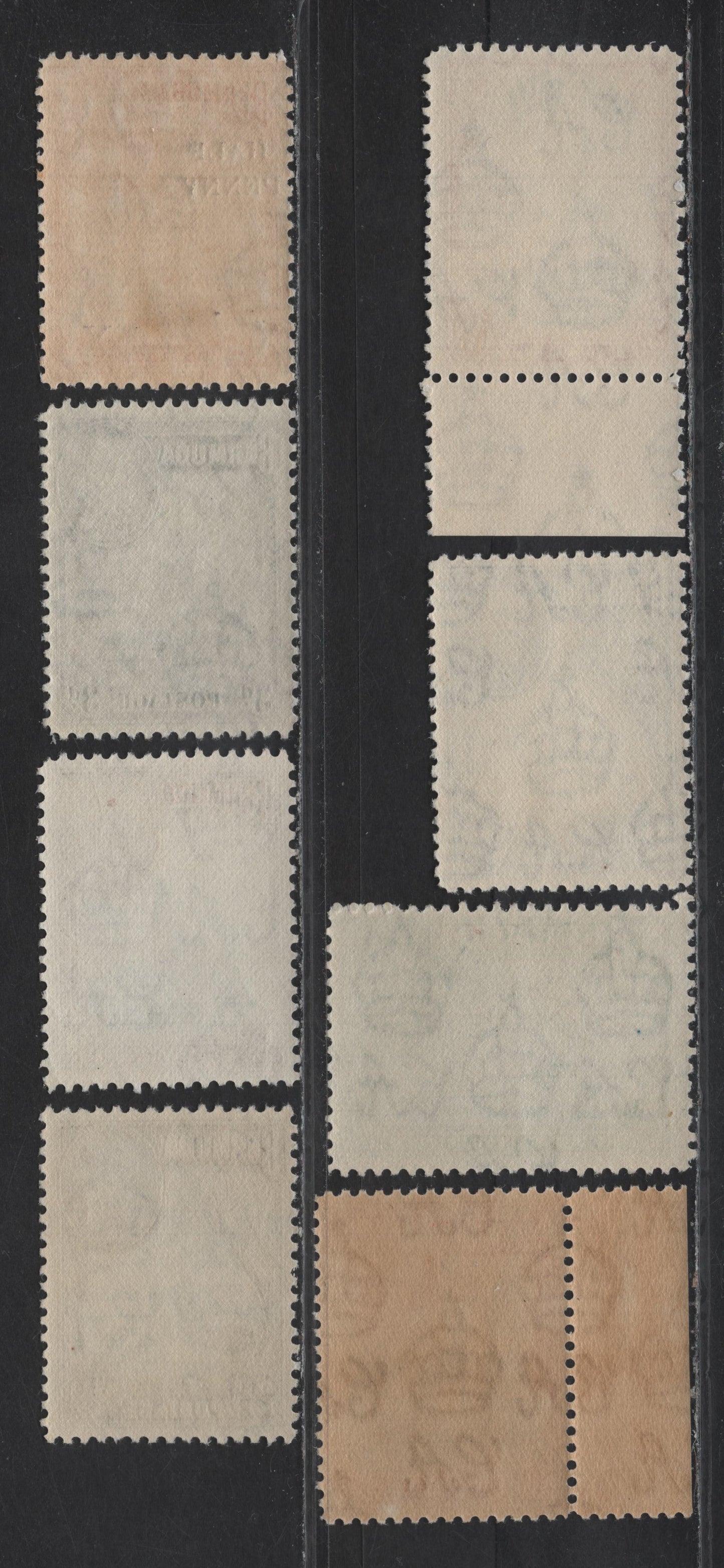 Lot 95 Bermuda SG#111a, 112a, 113,b, 114-b, 122 1/2d on 1d - 7.5d Scarlet - Black, Blue & Yellow Green King George VI, 1938-1950 KGVI Pictorial Issue, 8 F/VFNH Singles, All Line Perf, The Surcharge Has 12.5mm Spacing Between 'Penny' & 'x'