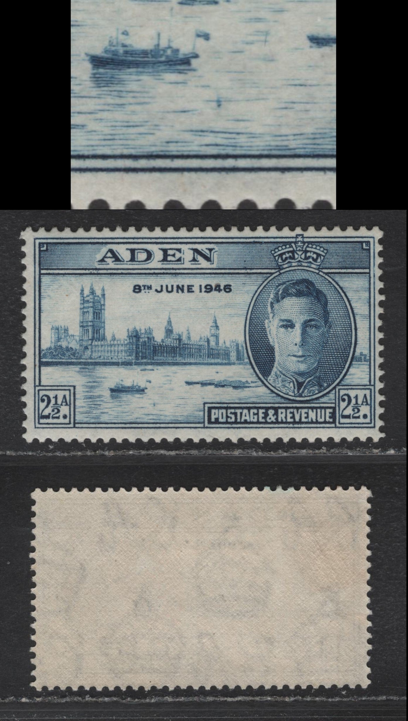 Lot 102 Aden SG#29var 2.5a Blue , 1946 Victory Issues, A VFOG Single, Extra Buoy In Water to LR of Launch