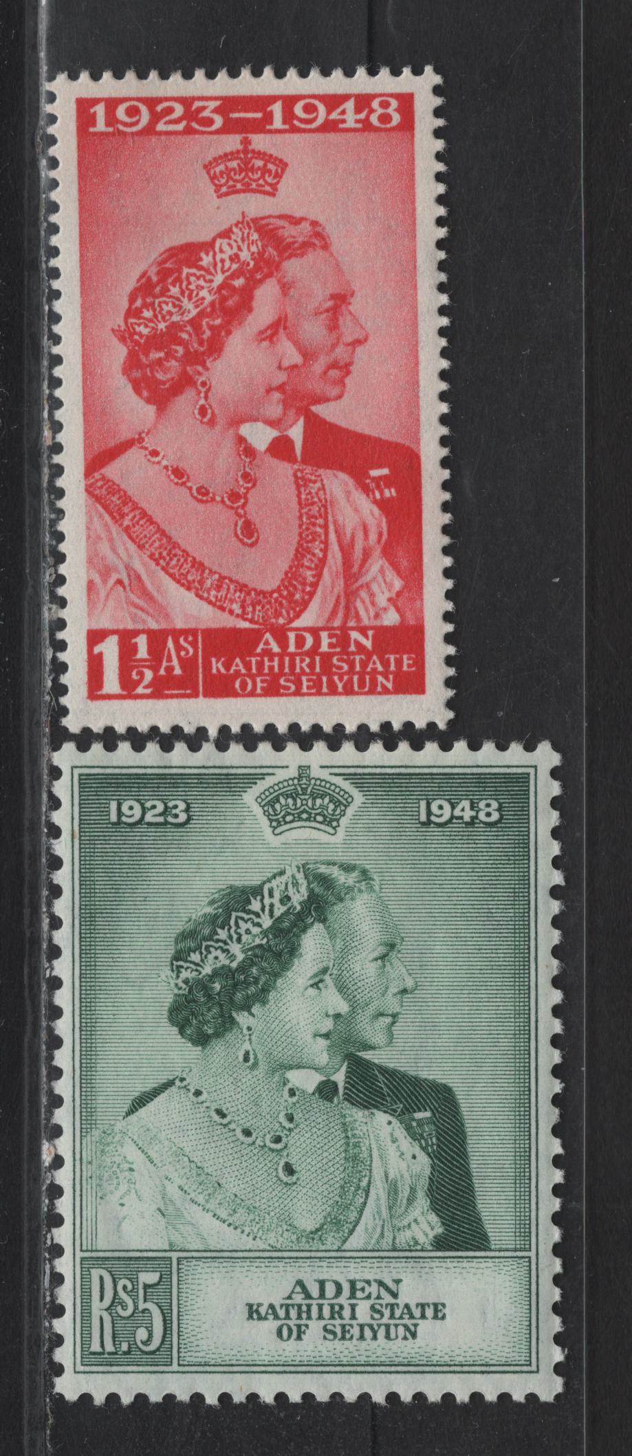 Lot 105 Aden-Kathiri State Of Seiyun SG#14-15 1.5a - 5r Scarlet - Green , 1949 Silver Wedding Issue, 2 VFOG Singles