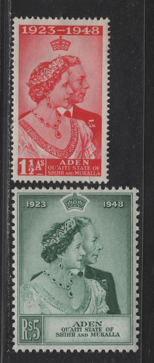 Lot 106 Aden - Qua'iti State Of Shihr & Mukalla SG#14-15 1.5a - 5r Scarlet - Green , 1949 Silver Wedding Issue, 2 VFOG Singles