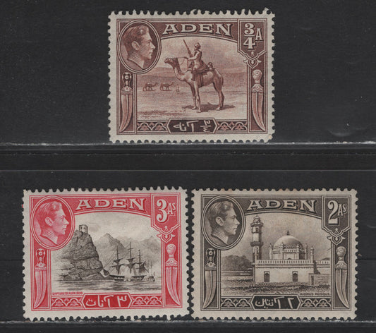 Lot 113 Aden (C) SG#17, 20, 22 3/4a - 3a Red Brown - Sepia & Carmine , 1938-1948 KGVI Pictorial Issue, 3 F/VFOG Singles, 1942 Printings On Opaque Wove With Crackly Gum, Diagonal Crazing Pattern