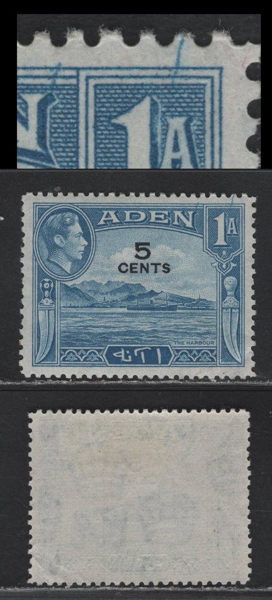 Lot 119 Aden (C) SG#36var 5c on 1a Pale Blue , 1951 New Currency Surcharge, A VFOG Single, Thinner Translucent Paper With Clear Wmk, Surcharge Using Earlier Leftover Stock From 1944-1945 Printings, Showing Two Harilines From The Design Into The UR Corner.