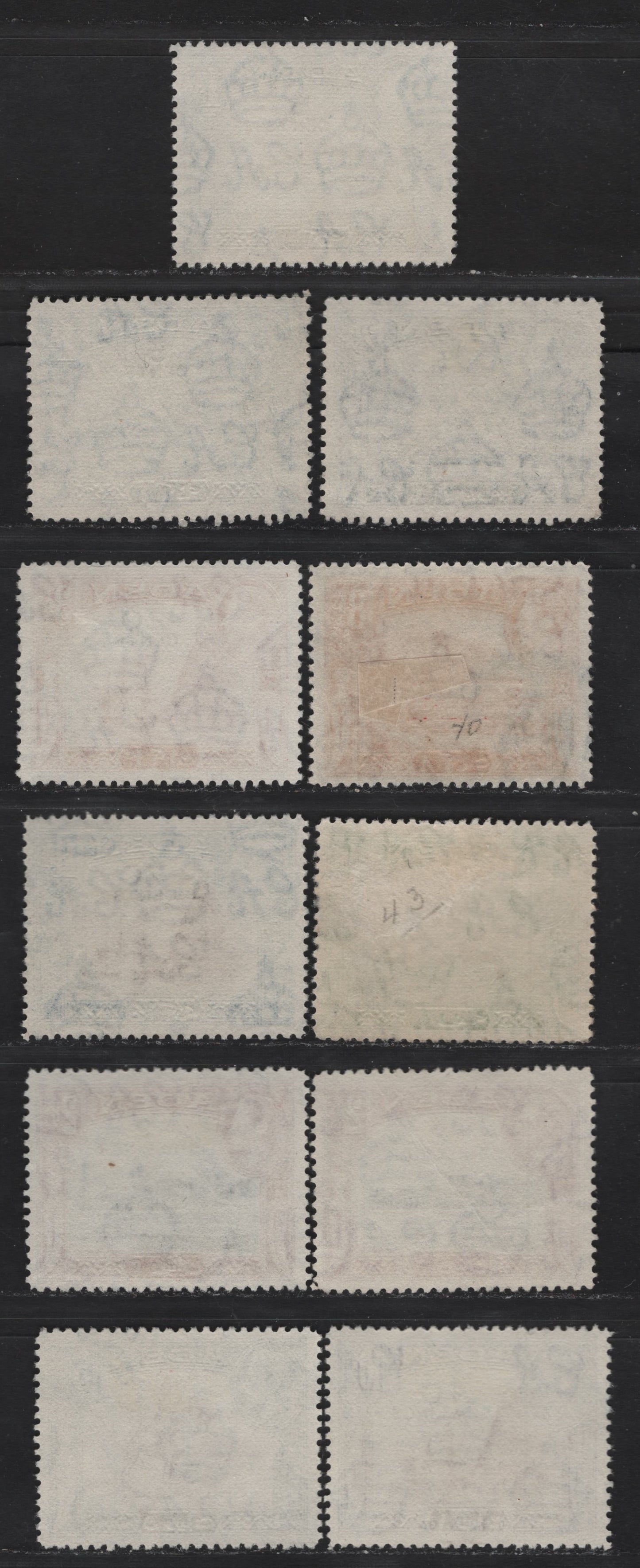 Lot 122 Aden (C) SG#36, 39, 38, 40, 42, 43, 45, 46 5c on 1a - 10r on 10r Pale Blue - Sepia & Violet , 1951 New Currency Surcharge, 11 Fine Used Singles, Old Stock - 1942-1945 Printings On Opaque Paper With Vertical Mesh