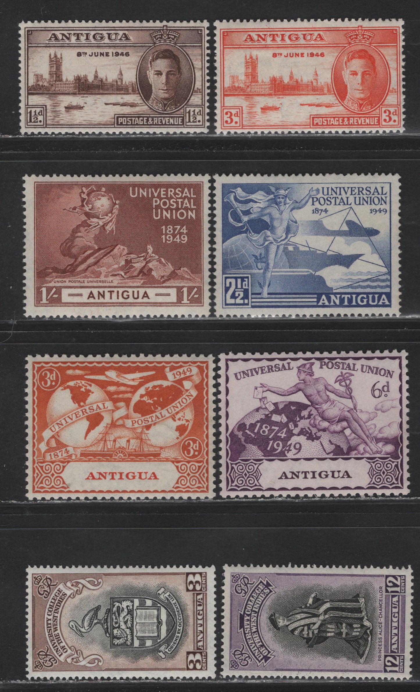 Lot 131 Antigua (C) SG#110-112, 114-119 1.5d - 12c Brown - Black & Violet , 1946-1951 Peace - University Issues, 9 F/VFNH Singles