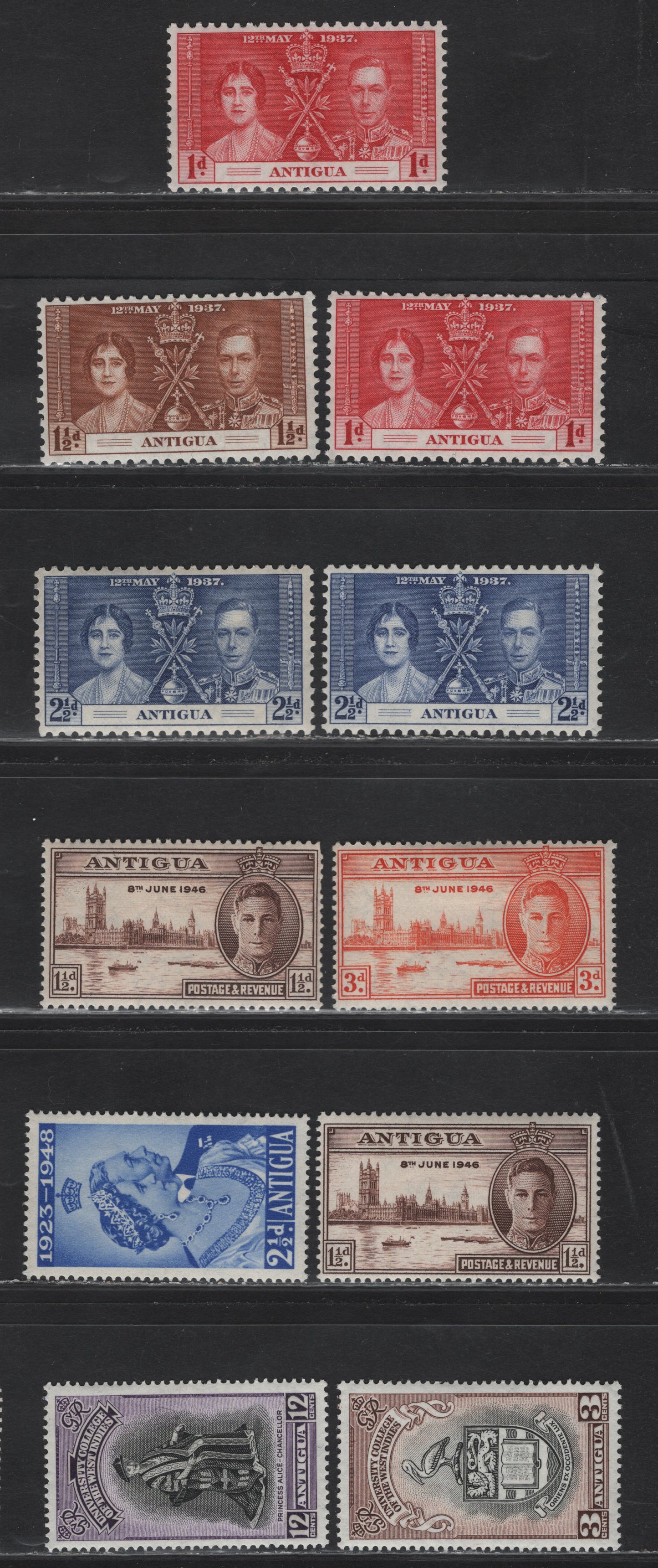 Lot 132 Antigua (C) SG#95-97, 110-112, 118-119 1c - 12c Carmine - Black & Violet , 1937-1951 Coronation - University Issues, 11 VFOG Singles, Additional Unlisted Shade Varieties