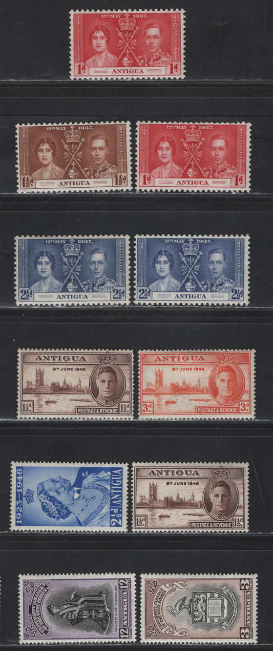 Lot 132 Antigua (C) SG#95-97, 110-112, 118-119 1c - 12c Carmine - Black & Violet , 1937-1951 Coronation - University Issues, 11 VFOG Singles, Additional Unlisted Shade Varieties