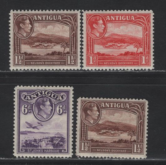 Lot 133 Antigua SG#99-100, 104 1d - 6d Scarlet - Violet , 1938-1951 KGVI Pictorial Issue, 3 VFOG/NH Singles, 1938 Printings On Opaque PaperWith Cream Crackly Gum & Irregular Crazing Pattern
