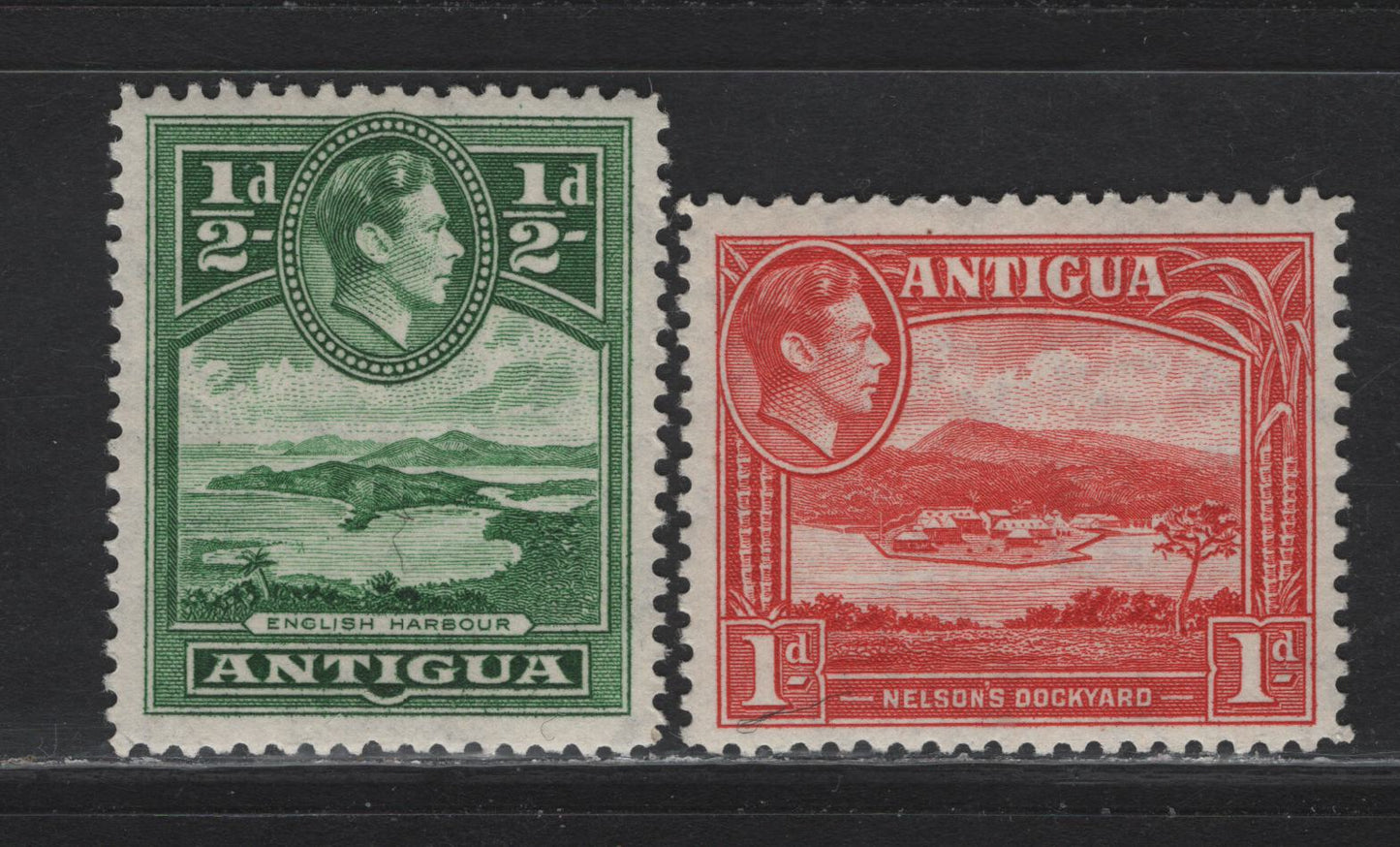 Lot 134 Antigua (C) SG#98-99a 1/2d - 1d Blue Green - Red , 1938-1951 KGVI Pictorial Issue, 2 VFNH Singles, 1942 Printings On Opaque Wove With Regular Diagonal Crazing Pattern