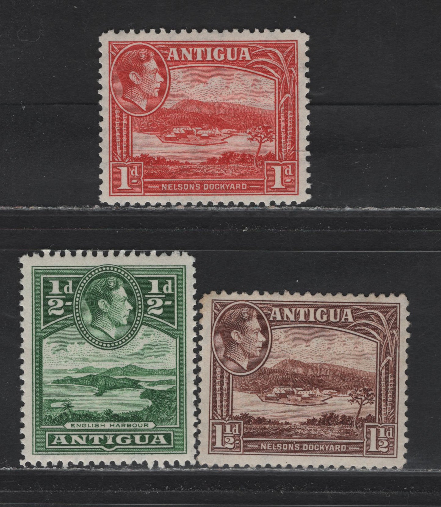 Lot 135 Antigua SG#98, 99a, 100a 1/2d - 1.5d Blue Green - Dull Reddish Brown , 1938-1951 KGVI Pictorial Issue, 3 VFOG Singles, 1942-1943 Printings On Opaque PaperWith Crackly Gum That Has A Regular Diagonal Crazing Pattern