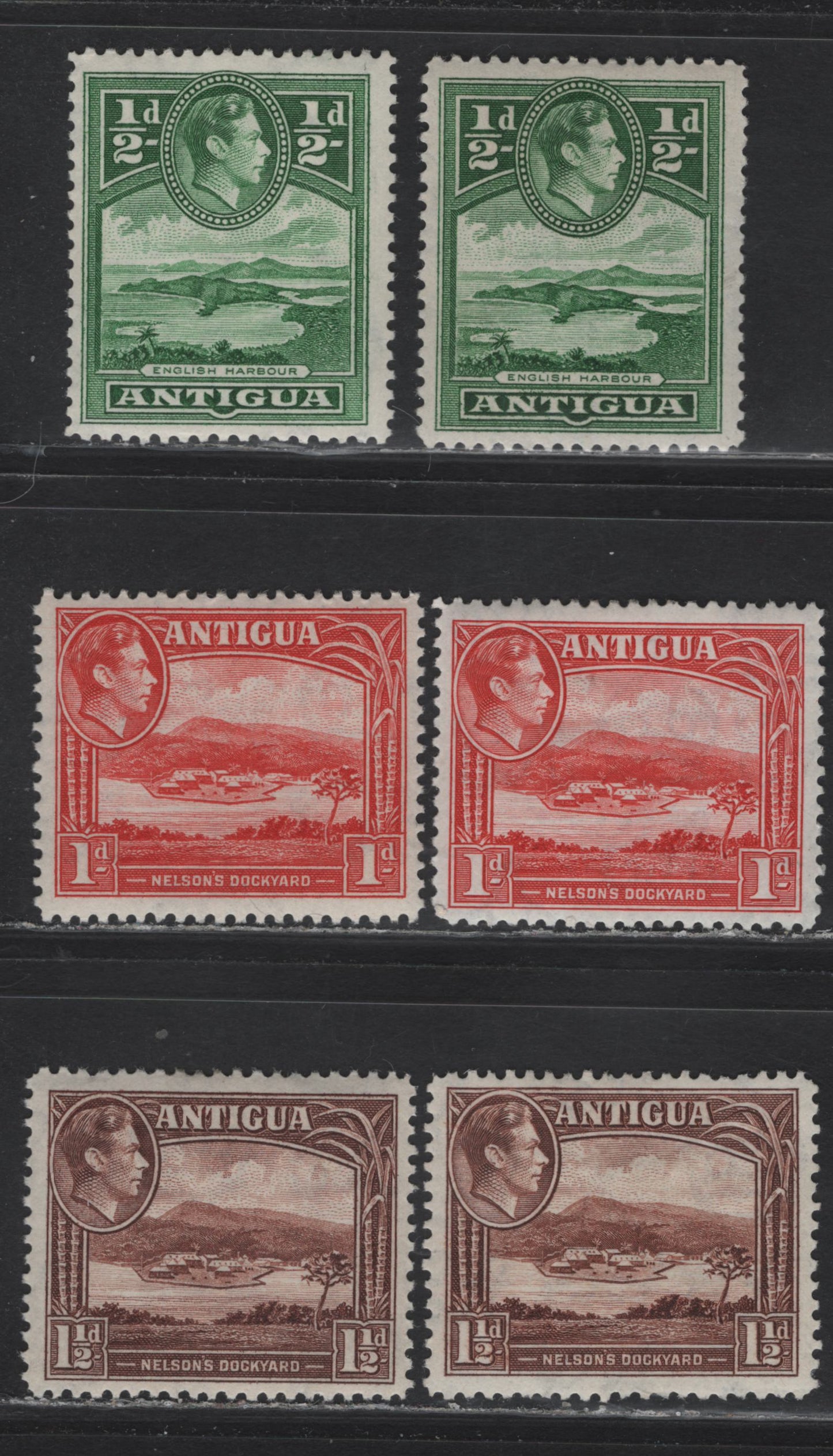 Lot 138 Antigua (C) SG#98, 99a, 100a 1/2d - 1.5d Green - Dull Reddish Brown , 1938-1951 KGVI Pictorial Issue, 6 F/VFOG Singles, 1944-1945 Printings On Somewhat Translucent White Paper That Clearly Shows The Wmk, Includes 2 Shades Of Each Value