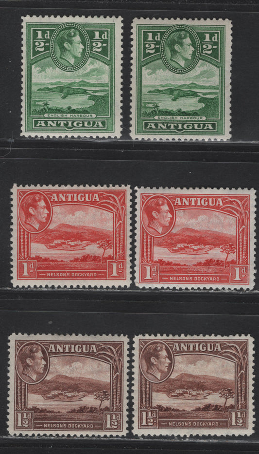 Lot 138 Antigua (C) SG#98, 99a, 100a 1/2d - 1.5d Green - Dull Reddish Brown , 1938-1951 KGVI Pictorial Issue, 6 F/VFOG Singles, 1944-1945 Printings On Somewhat Translucent White Paper That Clearly Shows The Wmk, Includes 2 Shades Of Each Value