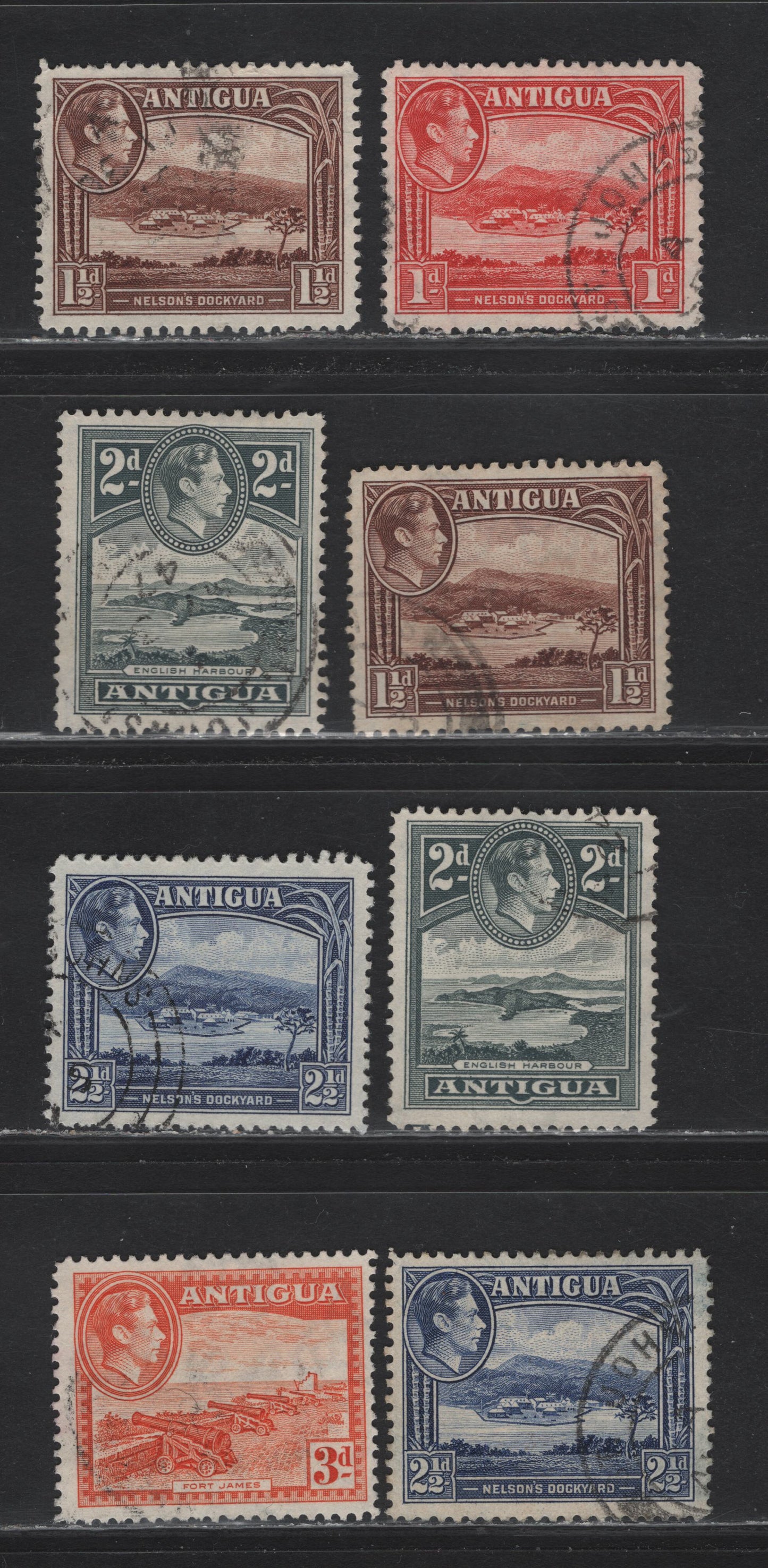 Lot 139 Antigua (C) SG#99a, 100a, 101-103 1d - 3d Red - Orange , 1938-1951 KGVI Pictorial Issue, 8 Fine/Very Fine Used Singles, 1944-1945 Printings On Translucent Wove Paper With Clear Wmks