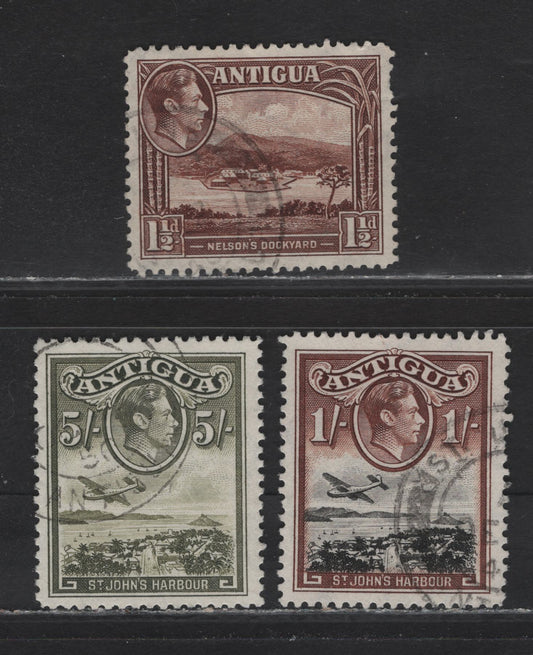 Lot 140 Antigua (C) SG#100b, 105a, 107 1.5d - 5/- Lake Brown - Olive Green , 1938-1951 KGVI Pictorial Issue, 3 Fine/Very Fine Used Singles, 1949, Printings On Translucent Paper With Clear Wmk, Short Perf of 1.5d.