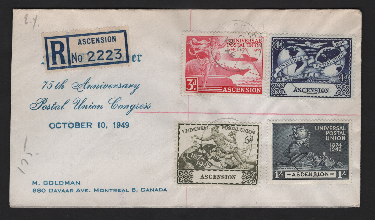 Lot 142 Ascension (C) SG#52-55 3d- 1/- Carmine - Blue Black , 1949 UPU Issue, A Very Fine Used Cover, Franked With A Complete Set