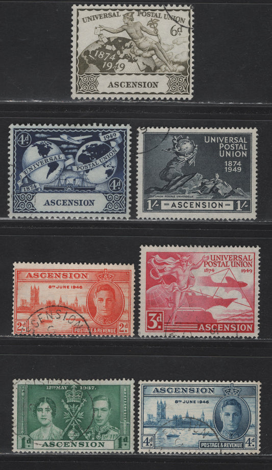 Lot 143 Ascension (C) SG#52-55, 35, 48-49 1d - 1/- Green - Blue Black , 1937-1949 Coronation, Victory & UPU Issues, 7 Very Fine Used Singles, Complete Used Sets & Single 1d From The Coronation Issue