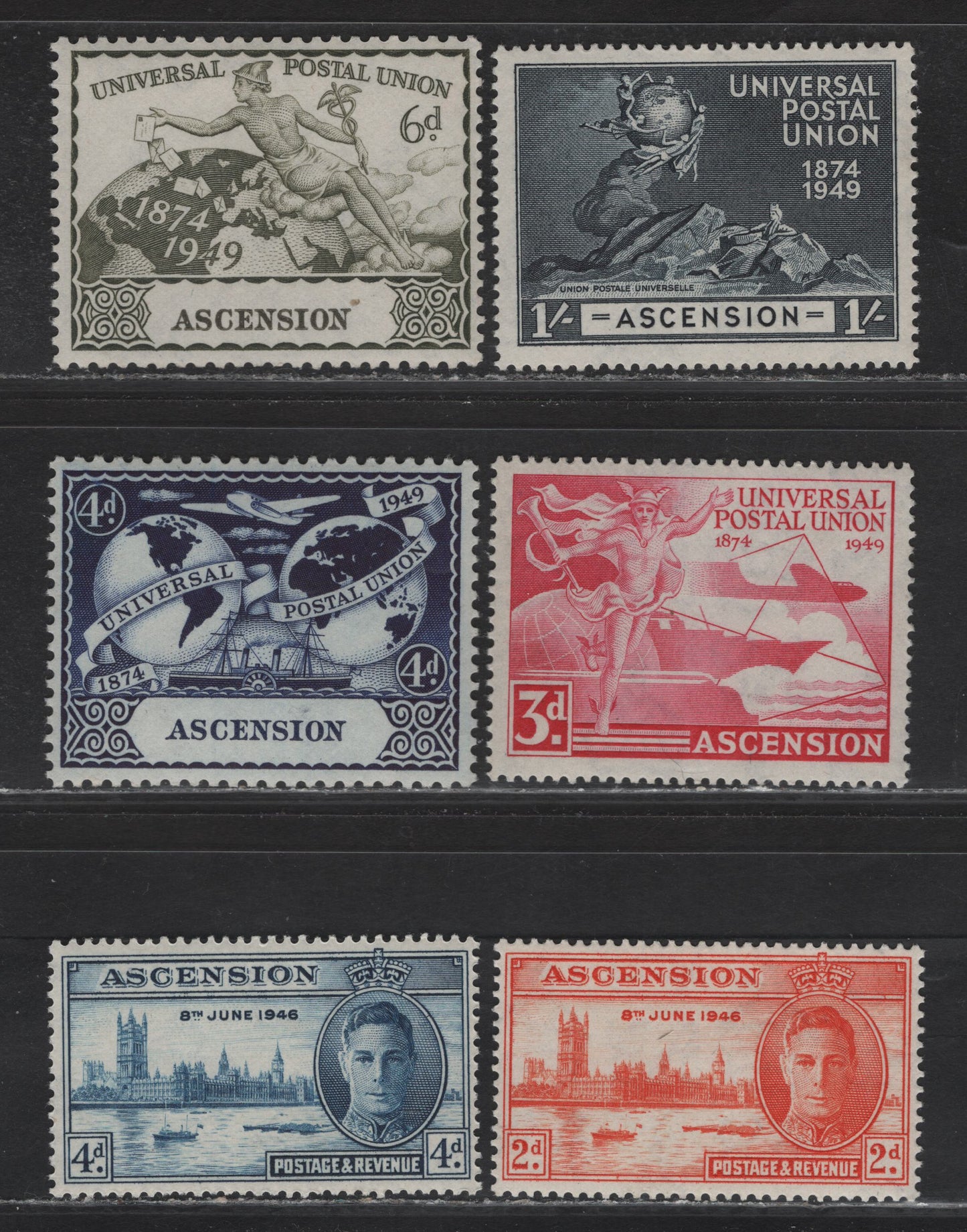 Lot 144 Ascension (C) SG#48-49, 52-55 2d - 1/- Red Orange - Blue Black , 1946-1949 Victory - UPU Issues, 6 VFNH Singles