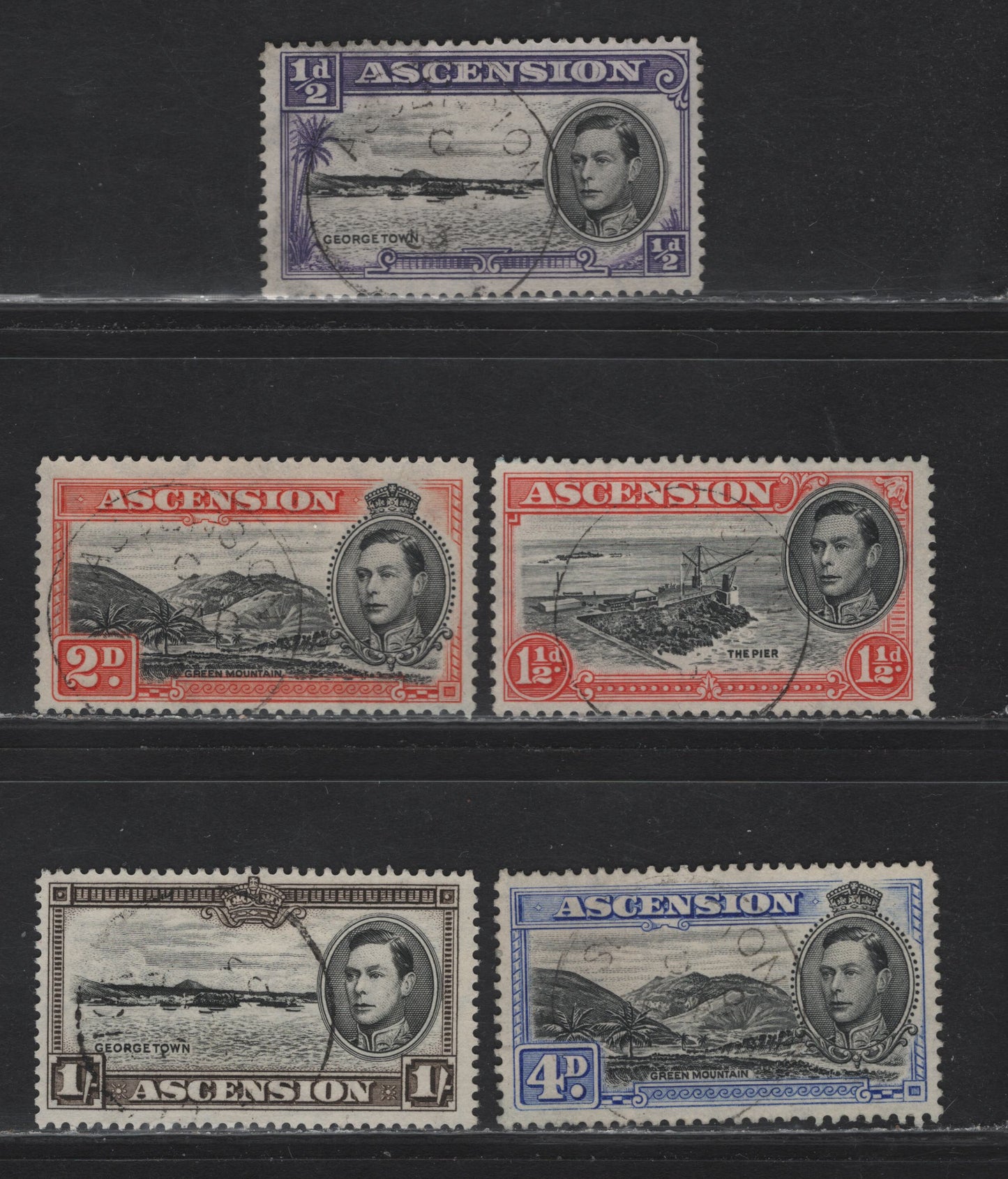 Lot 147 Ascension (C) SG#38b, 40b, 41a, 42d, 44 1/2d - 1/- Black & Bluish Violet - Black & Sepia , 1938-1953 Pictorial Issue, 5 Fine/Very Fine Used Singles, 1938 & 1944 Printings, 1938 Printing Is The 1/- & Perf 13.5, The Others Are 1944.