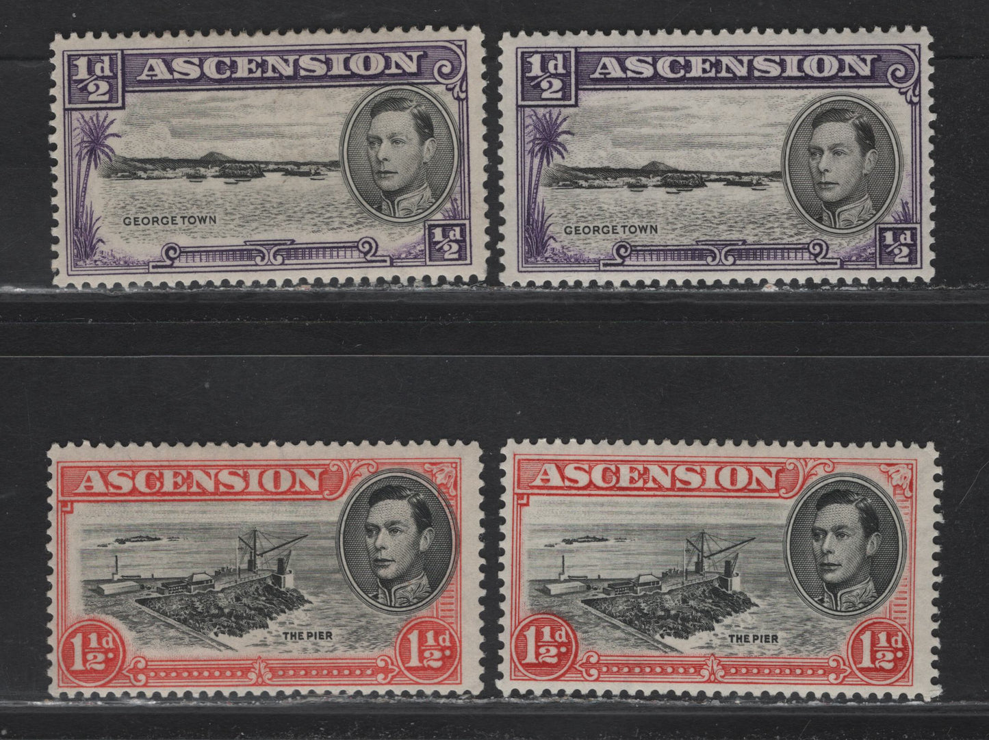 Lot 148 Ascension (C) SG#38, 40 1/2d - 1.5d Black & Violet - Black & Vermillion/Deep Vermillion , 1938-1953 Pictorial Issue, 2 F/VFOG Singles, 1938 Printing, Perf 13.5, Light Yellowish Gum With Irregular Cracks