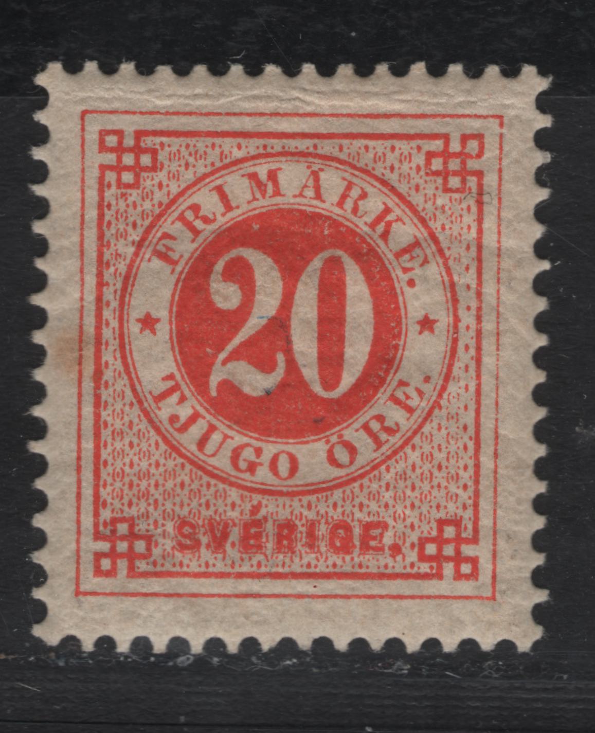 Lot 15 Sweden SC#33 20o Vermillion Numeral, 1877-1879 Numeral Issue, A VFOG Single, Perf 13, Small Tone Spot On Gum