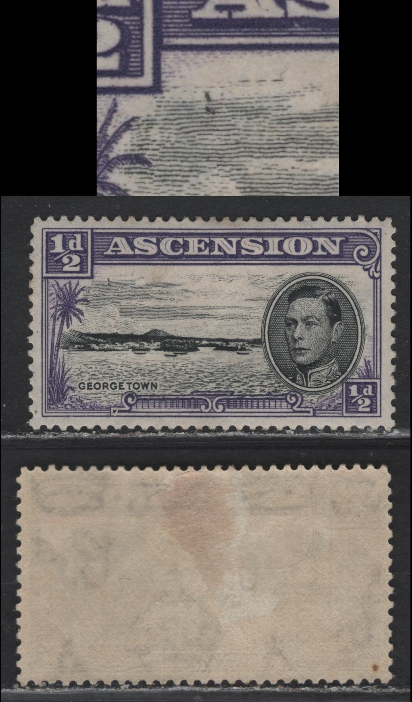 Lot 150 Ascension SG#38bvar 1/2d Black & Bluish Violet , 1938-1953 Pictorial Issue, A VFOG Single, 1944 Printing With Crackly Gum & Clear Wmk, Showiing Unlisted & Possible Constant 'Flock of Birds' Variety, Small Internal Wrinkle Under EN of Ascension.