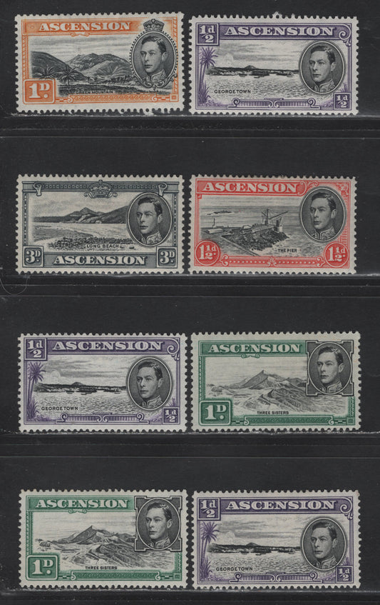 Lot 152 Ascension (C) SG#38b, 39b, 40b, 39d, 42b 1/2d - 3d Black & Bluish Violet - Black & Gray , 1938-1953 Pictorial Issue, 8 F/VFOG Singles, Perf 13, 1944, 1949 & 1952 Printings
