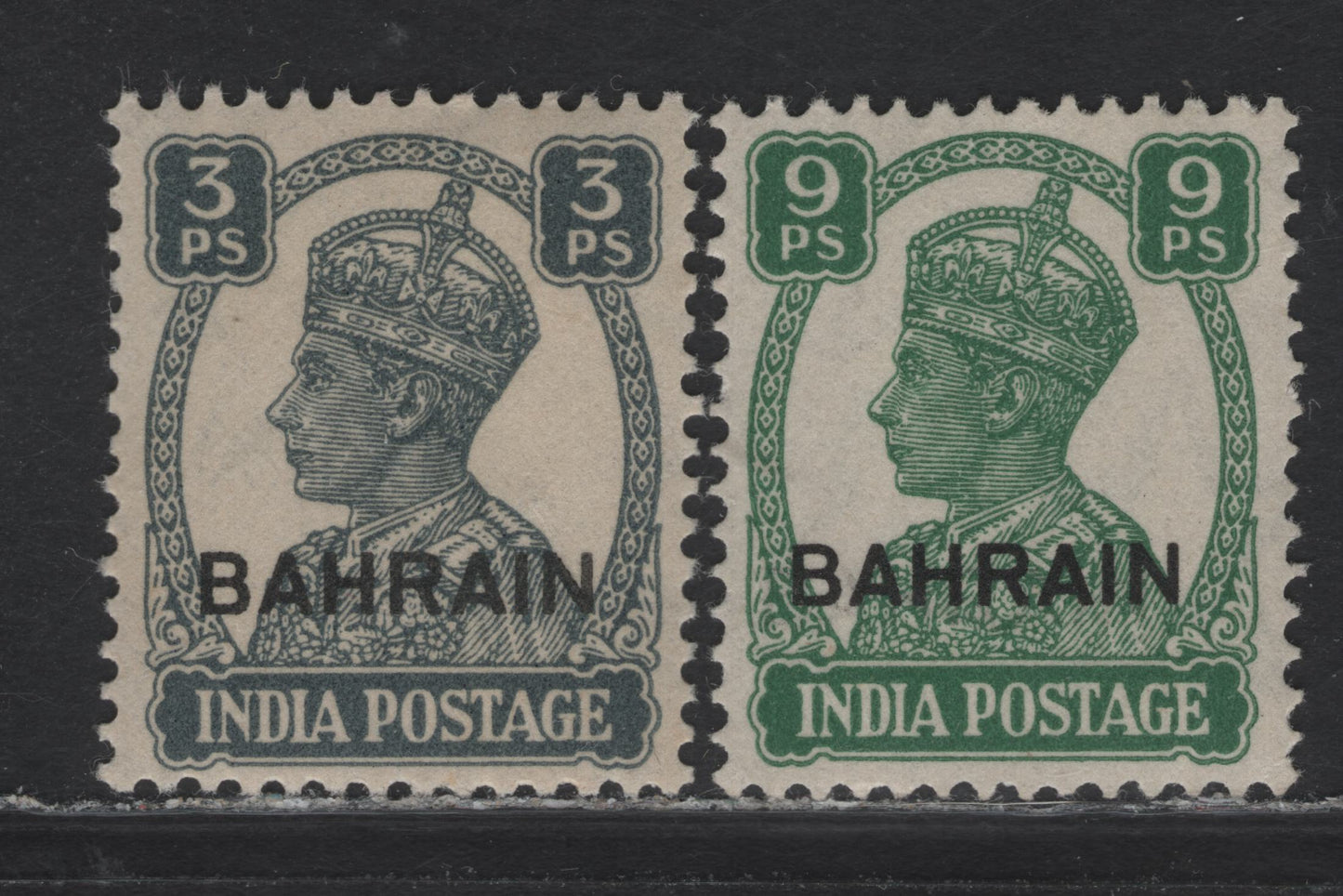 Lot 157 Bahrain (C) SG#38, 40 3p - 9p Slate - Green , 1942-1945 King George VI Issue, 2 VFOG Singles, White Background Overprinted Bahrain