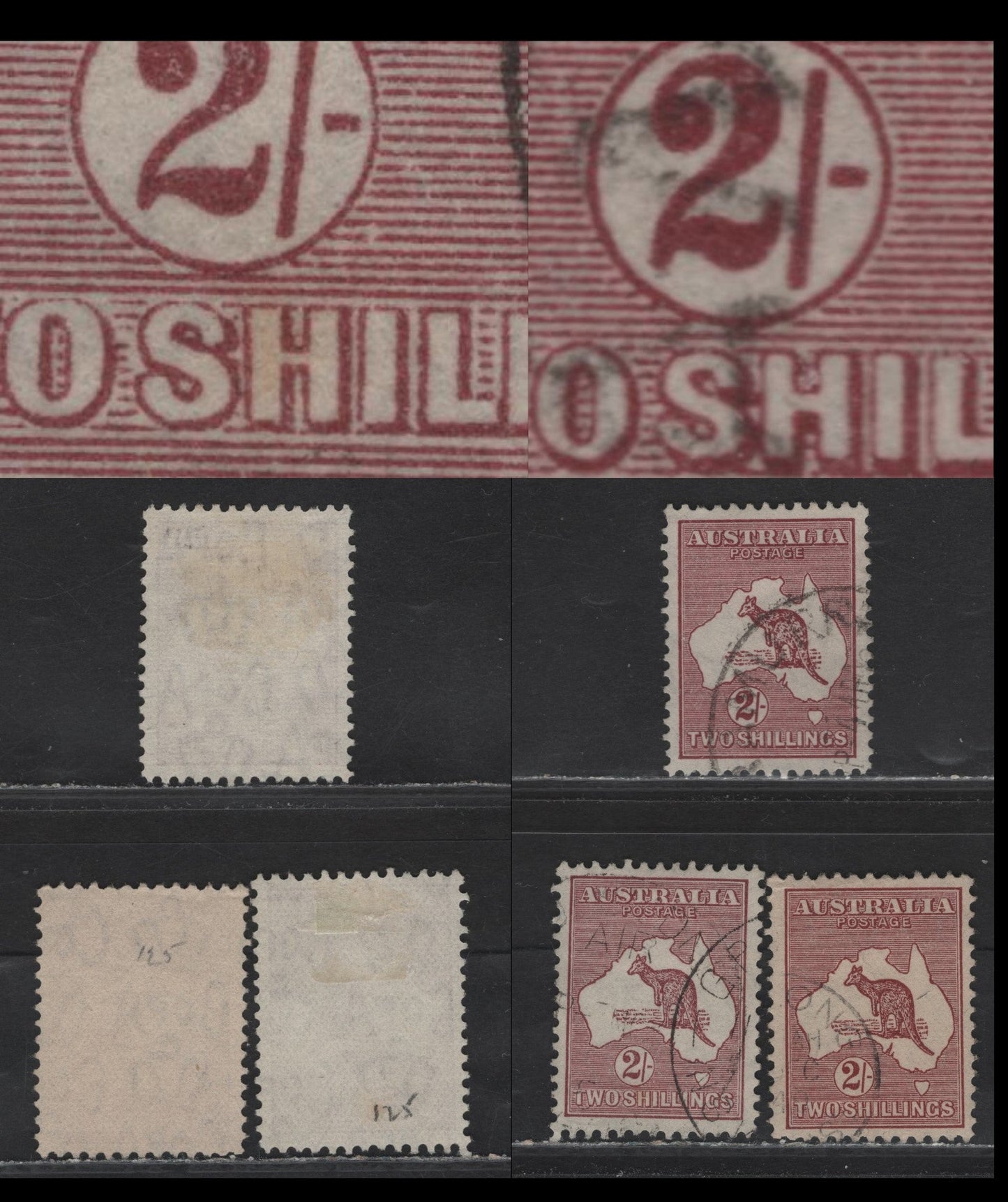 Lot 163 Australia SG#134, 212 2/- Maroon , 1931-1936 & 1945 Kangaroo & Map Issues, 3 Very Fine Used Singles, Types 1 & 2, C of A Wmk, Two Shades Of Type 1.