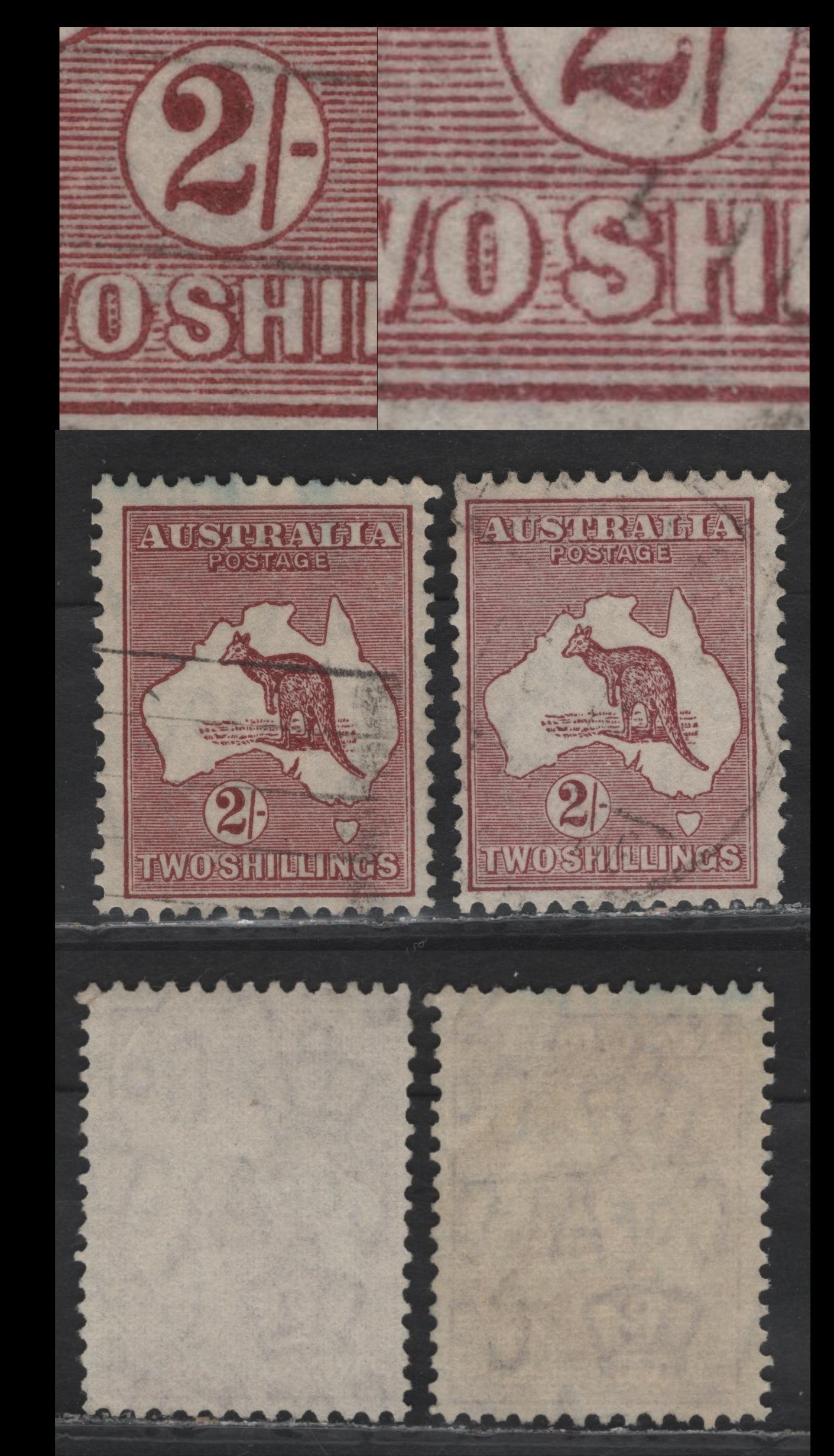 Lot 164 Australia SG#134var 2/- Maroon , 1931-1936 Kangaroo & Map Issue, 2 Fine Used Singles, C of A Wmk, Showing Damage To The Shading Between 'Two' & 'Shillings', With The Second Stamp Showing Swollen 'S' in Shillings.
