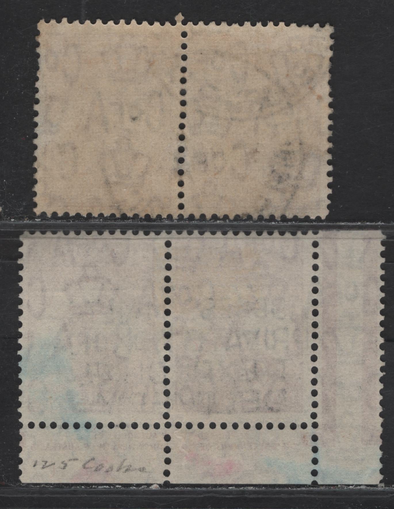 Lot 165 Australia SG#212 2/- Maroon , 1945 Kangaroo & Map Issue, 2 Fine/Very Fine Used Pairs, One Normal Paper With Light Horiz Ribbing On Back, One Inter-panneau Inscription Pair On Thin Paper