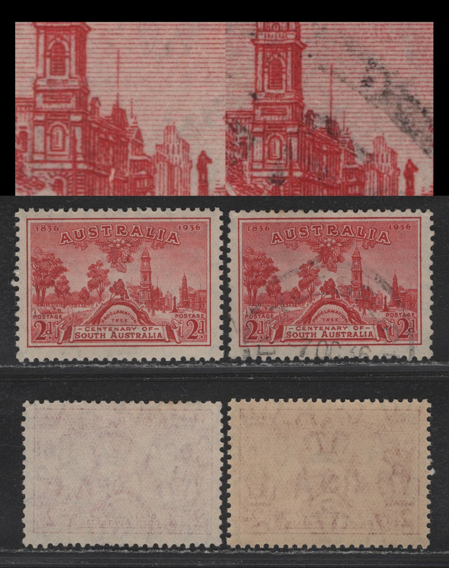 Lot 166 Australia SG#161, 161var 2d Carmine , 1936 Centenary Of South Australia Issue, 2 VFNH & Used Singles, Showing Broken Flagpole on Building, With Normal for Comparison