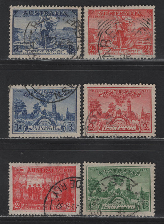 Lot 171 Australia (C) SG#159-163, 193 2d - 2d Scarlet - Scarlet , 1936-1937 Opening of Submarine Telephone Link - 150th Anniv of NSW Issues, 6 Very Fine Used Singles