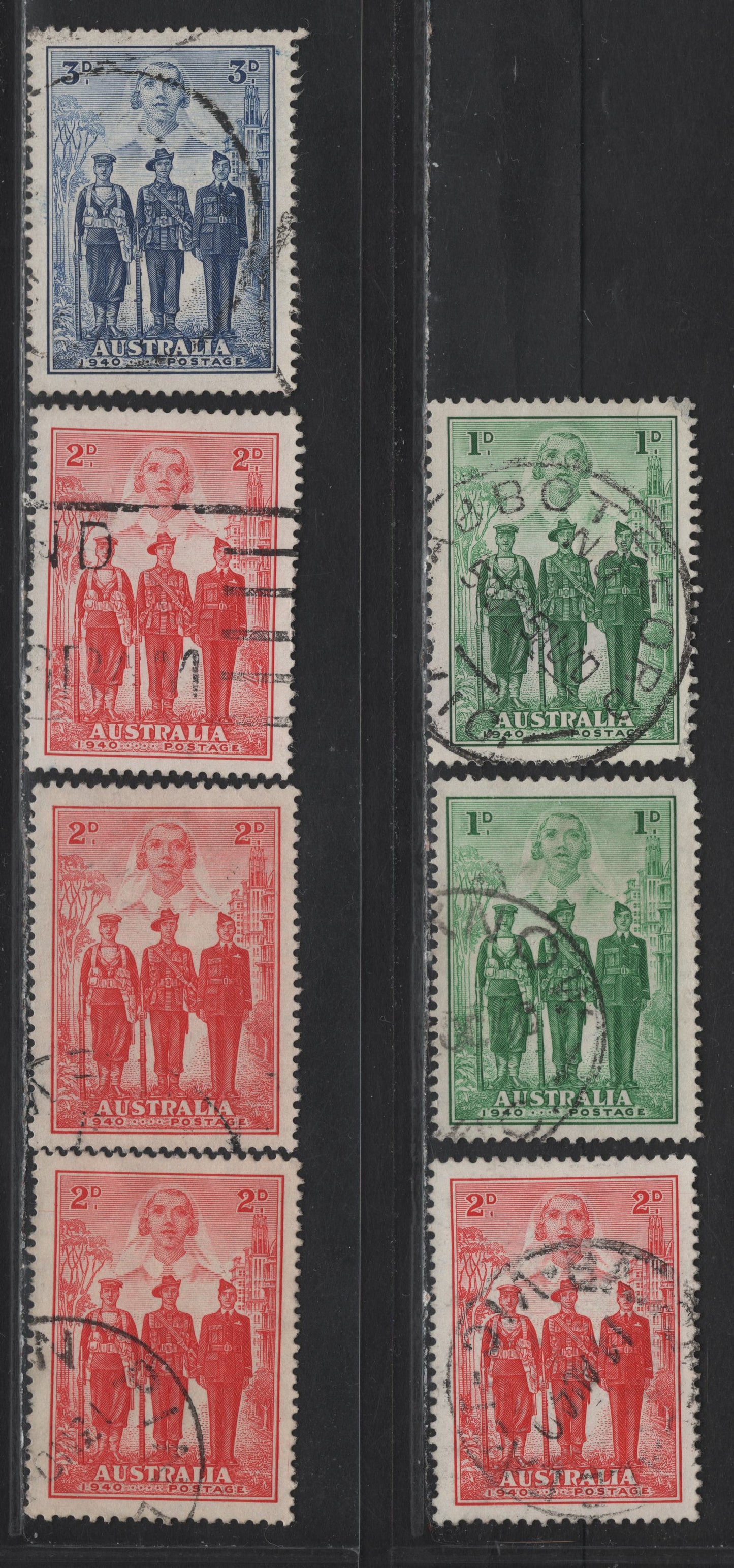 Lot 174 Australia (C) SG#196-198 1d - 3d Bright/Deep Emerald - Blue , 1940 Australian Imperial Forces Issue, 7 Very Fine Used Singles, Part Used With Shade Variations Of The 1d & 2d