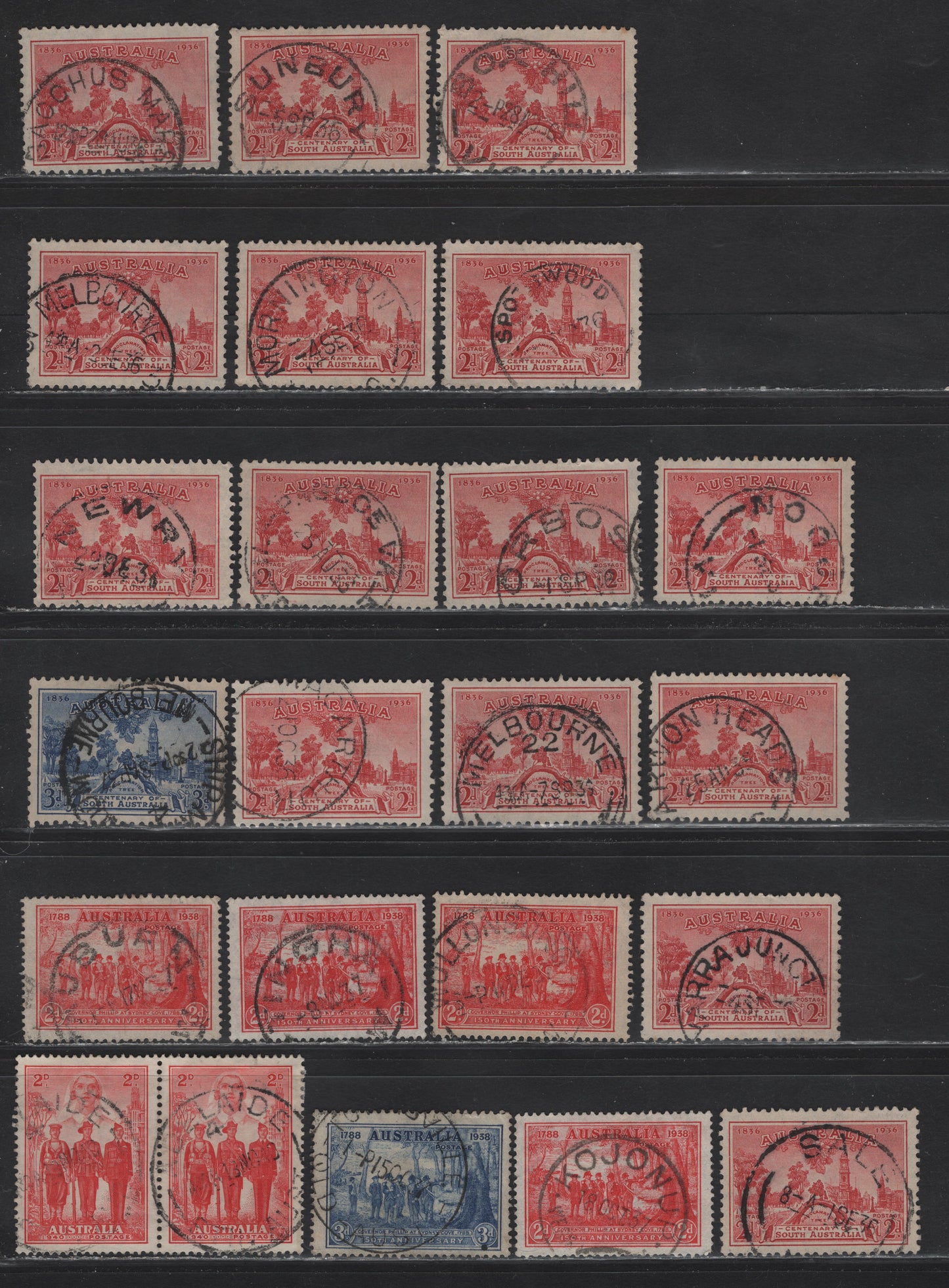 Lot 175 Australia (C) SG#161-162, 193-194, 197 2d Carmine - Scarlet , 1936-1940 Centenary of South Australia - Australian Imerpial Forces Issues, 22 Fine/Very Fine Used Singles & Pair, CDS Town Cancels Selection, All Readable With A Variety Of Towns