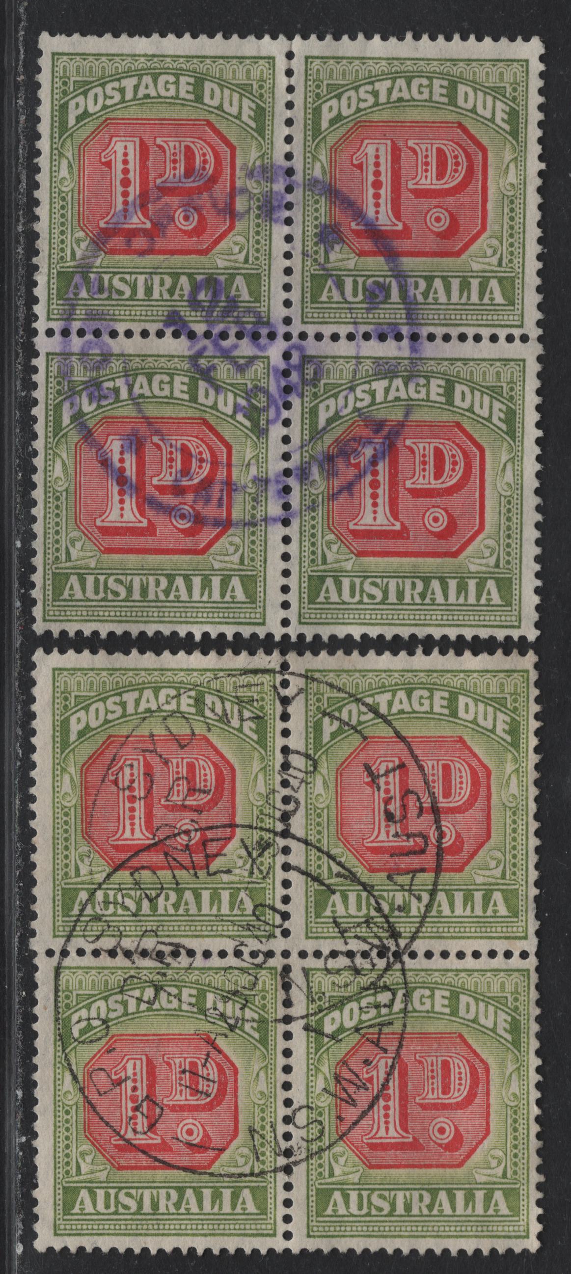 Lot 176 Australia SG#D113, D120 1d Deep Scarlet & Yellow Green , 1938-1957 Postage Dues, 2 Fine Used Blocks, Original & Redrawn Dies, Original Is Cancelled With Oct 29 1940 Sydney GPO Cancel, Redrawn Is Canberra Post Office CDS Dated Feb 12 1948