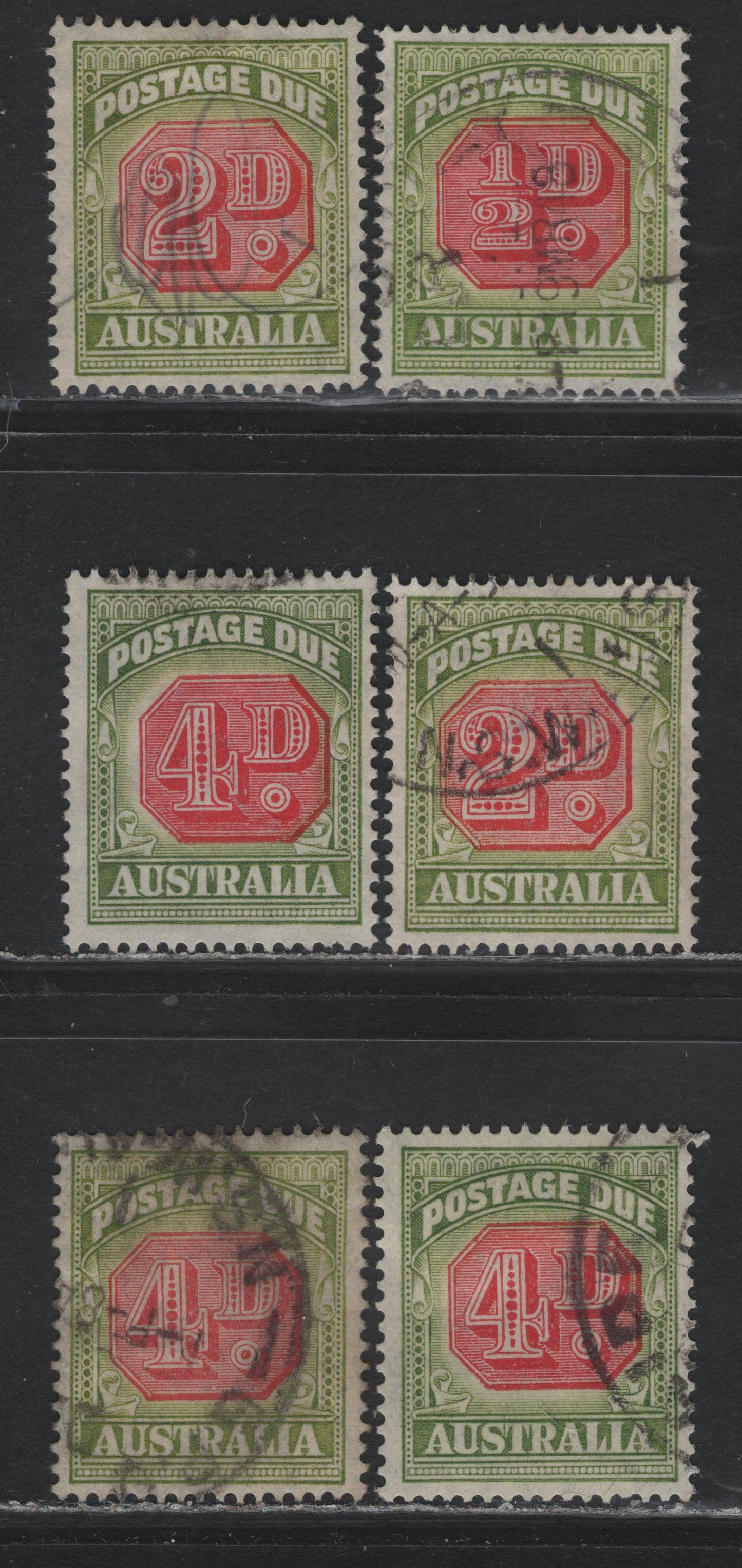 Lot 177 Australia (C) SG#D112, D114, D116 1/2d - 4d Yellow Green - Deep Red , 1946-1957 Postage Dues, 6 Fine/Very Fine Used Singles, Different Shades of Center & Frame Colors