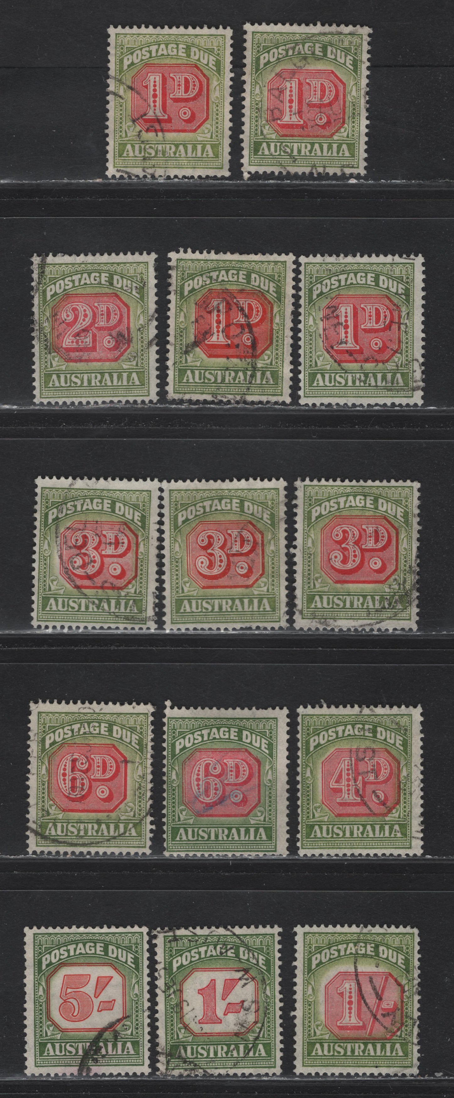 Lot 179 Australia SG#D120-D123, D125, D128, D129a, D131a 1d - 5/- Green - Carmine & Green , 1946-1959 Postage Dues, 14 Fine/Very Fine Used Singles, Selection With Variations In Frame & Value Tablet