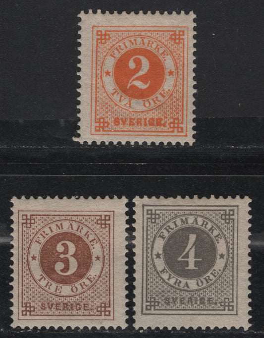 Lot 18 Sweden SC#40-41 (Facit #40b, 41a, 42b) 2o - 4o Orange - Gray 1886-1891 Numeral Issue, 3 FOG Singles, Perf 13, Blue Posthorn on Back