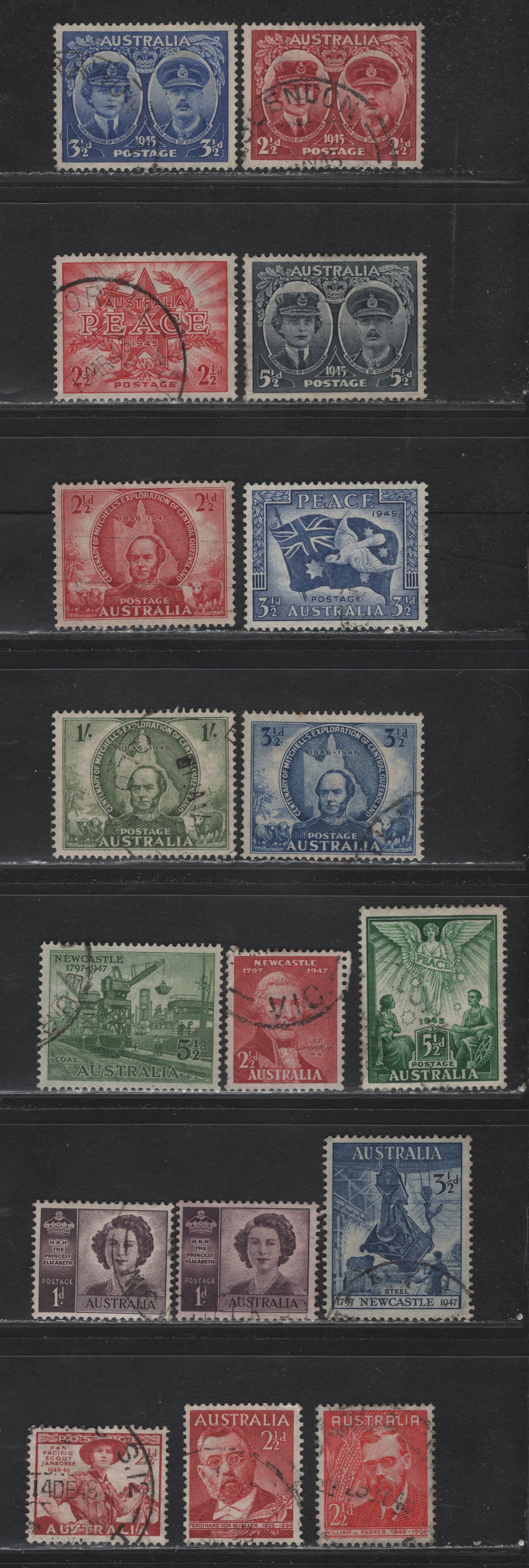 Lot 185 Australia (C) SG#209-211, 213-222a, 225-227 2.5d Lake , 1945-1948 Duke & Duchess Of Gloucester - Pan-Pacific Scout Jamboree Issues, 17 Fine/Very Fine Used Singles, Basic Sets Selected For Centering And Lighter, Non Machine Cancels
