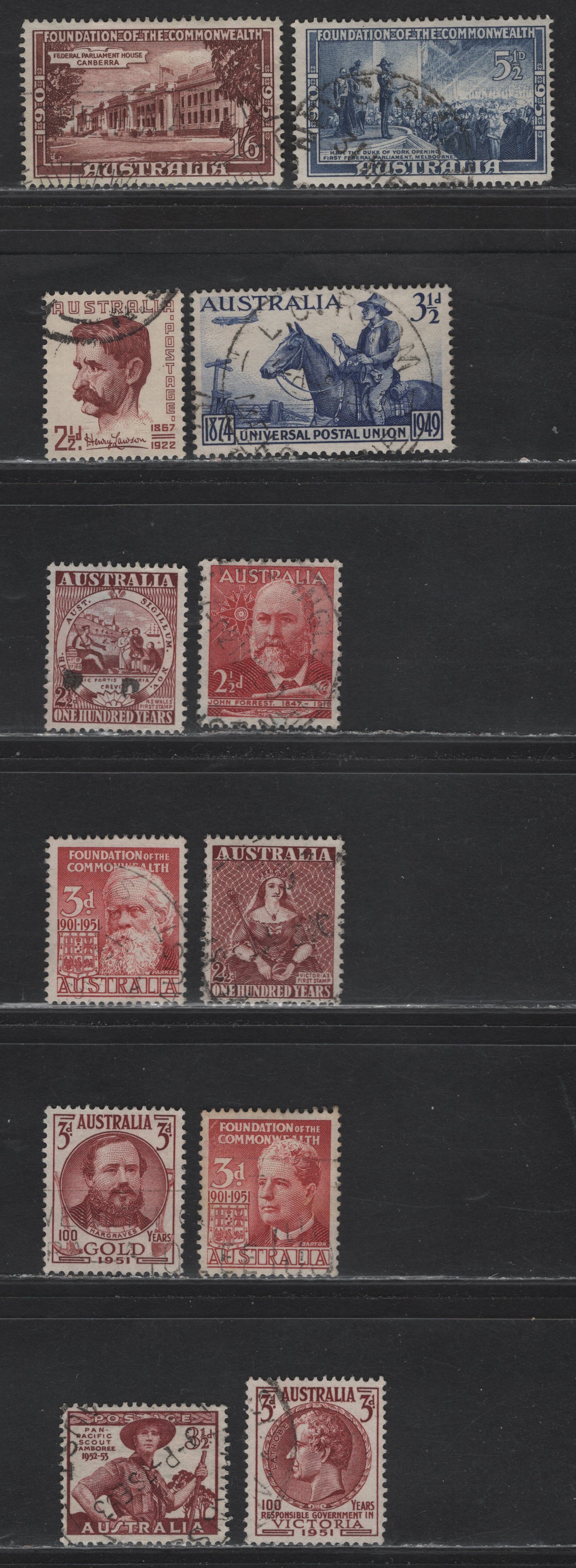 Lot 187 Australia SG#231-233, 239-246, 254 2.5d - 3.5d Maroon - Brown Lake , 1949-1952 Henry Lawson - Pan Pacific Scout Jamboree Issues, 12 Very Fine Used Singles, Complete Run F/VF Used Selected For Centering & Light Cancels