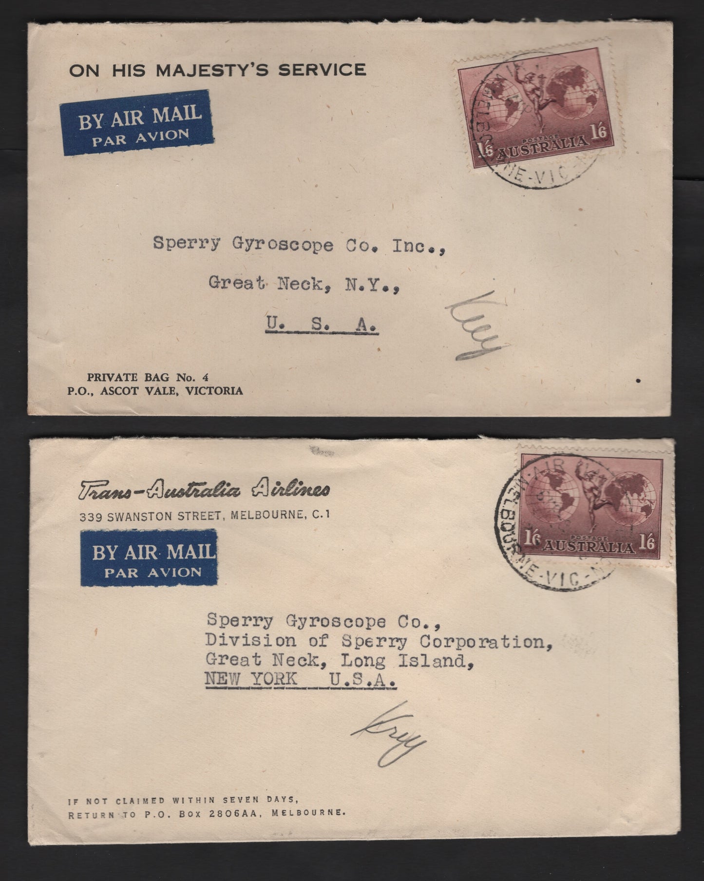 Lot 188 Australia SG#153ab 1/6 Dull Purple , 1934-1948 Hermes Airmail Issue, 2 Very Fine Used Covers, Airmail Covers To The US, Different Corner Cards
