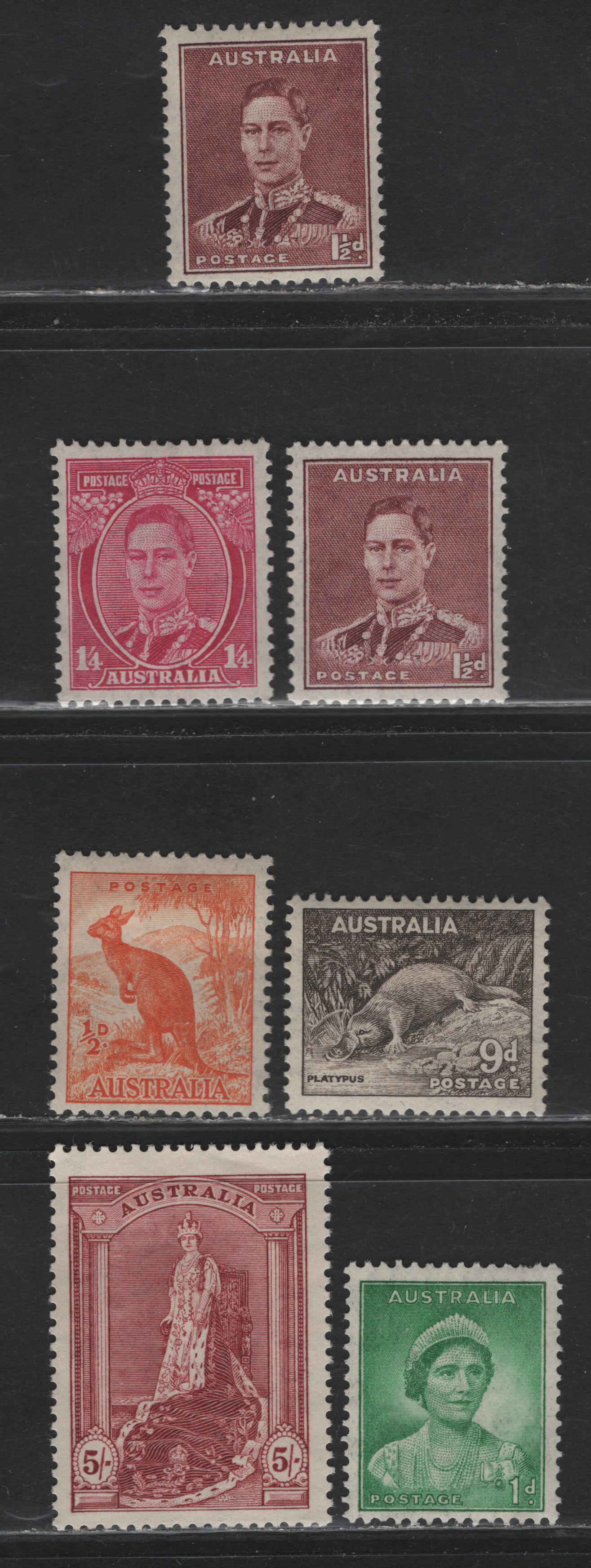 Lot 190 Australia (C) SG#164-166, 173, 175-176 1.5d - 9d Maroon -Gray Brown , 1937-1949 Zoological Issue, 7 F/VFOG Singles, Perf 13.25x14, 2 Shades Of Maroon on the 1.5d