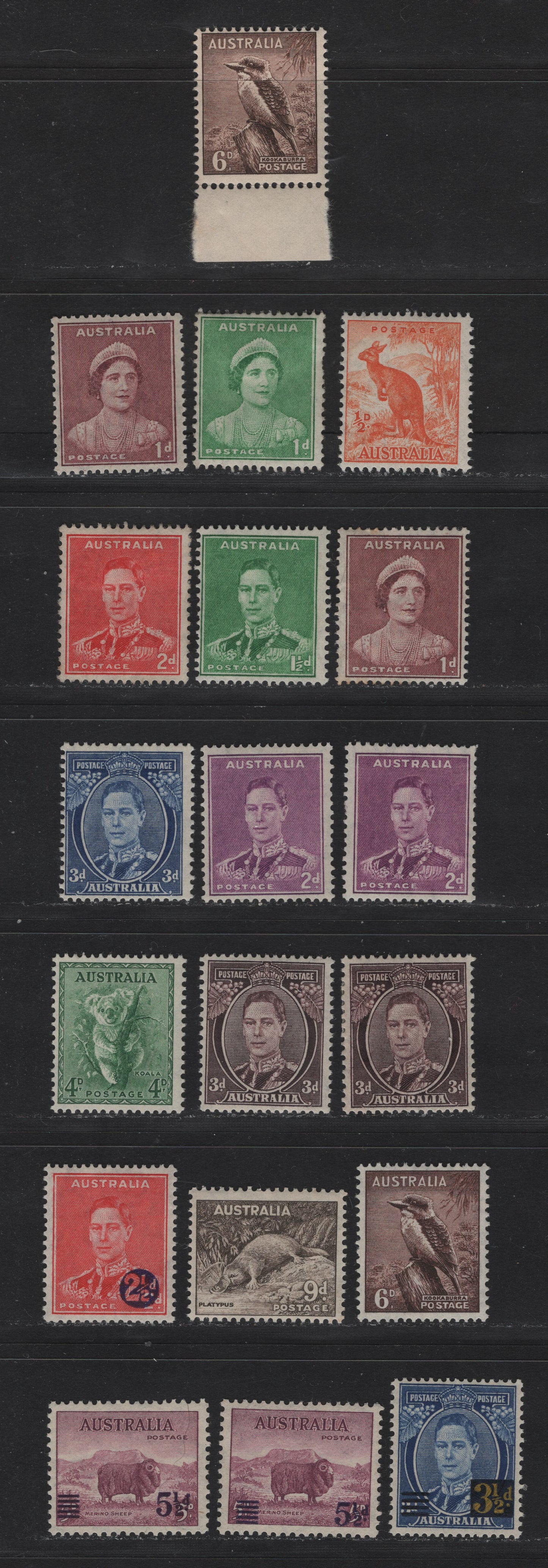Lot 194 Australia (C) SG#179-181, 183-186, 188, 190a, 191, 200-202 1/2d - 5.5d on 5d Yellow Orange - Purple , 1937-1949 Zoological & Surcharged Issues, 19 F/VFOG/NH Singles, Perfs 15x14 or 14x15, Includes Different Shades Of Select Values