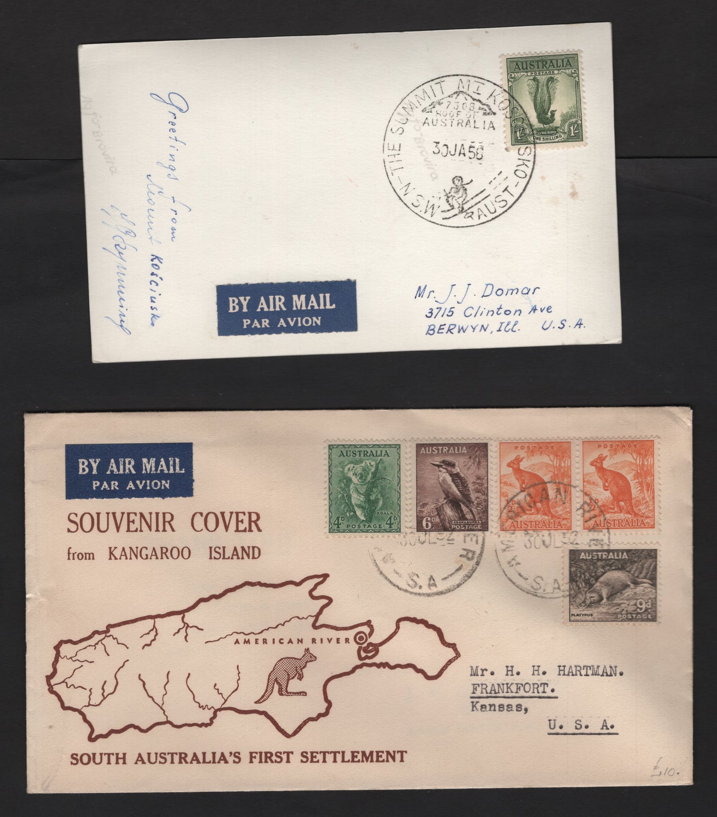 Lot 195 Australia SG#179, 188, 190-191 1/2d - 1/- Orange - Gray Green , 1937-1949 Zoological Issue, 2 Very Fine Used Covers, Franked With Singles Including A Postcard Sent From The Summit Of Mt Kosciusko, And A Cover For Kangaroo Island