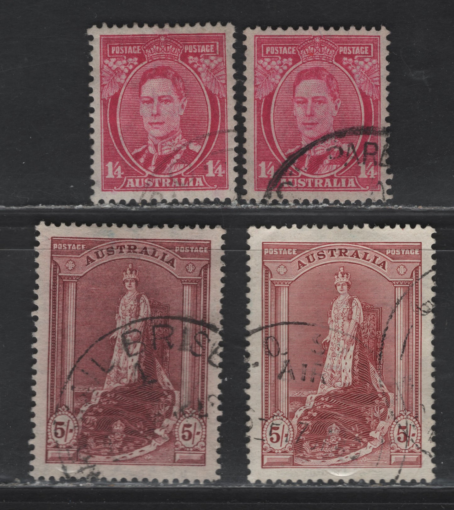 Lot 197 Australia (C) SG#176-a, 175 1/4d - 5/- Deep Magenta - Claret , 1937-1949 Zoological Issue, 3 Very Fine Used Singles, 2 Shades Og 1/4d Deep Magenta, 5/- On Both Chalky & Ordinary Paper