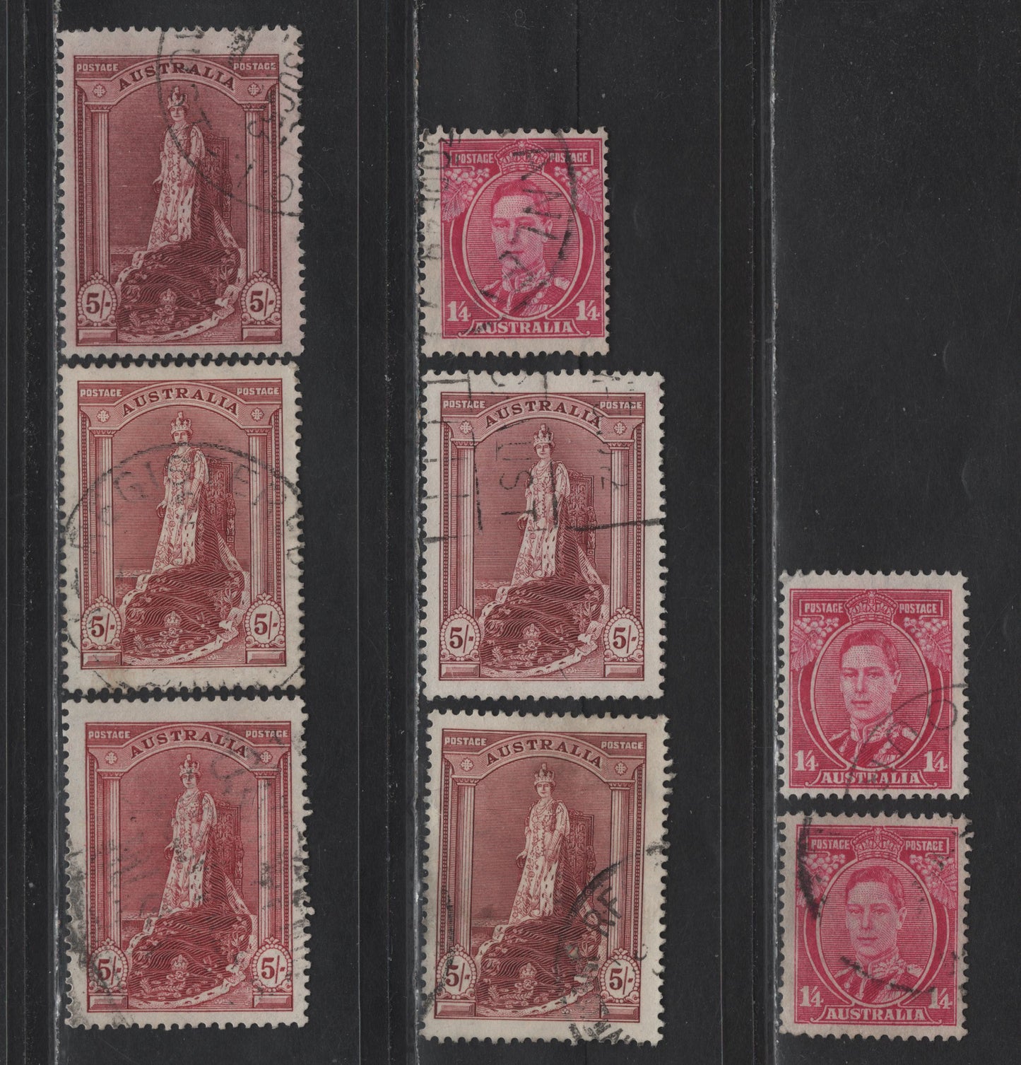 Lot 198 Australia (C) SG#175-a, 176-a 1/4- - 5/- Pale Magenta - Claret , 1937-1949 Zoological Issue, 8 Fine/Very Fine Used Singles, Four Examples on Chalky Paper, Each A Different Shade, One Early Printing On Ordinary Paper