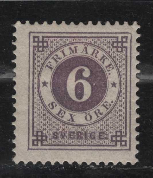 Lot 20 Sweden SC#44a (Facit #44a) 6o Bluish Lilac Numeral, 1886-1891 Numeral Issue, A FOG Single, Blue Posthorn On Back