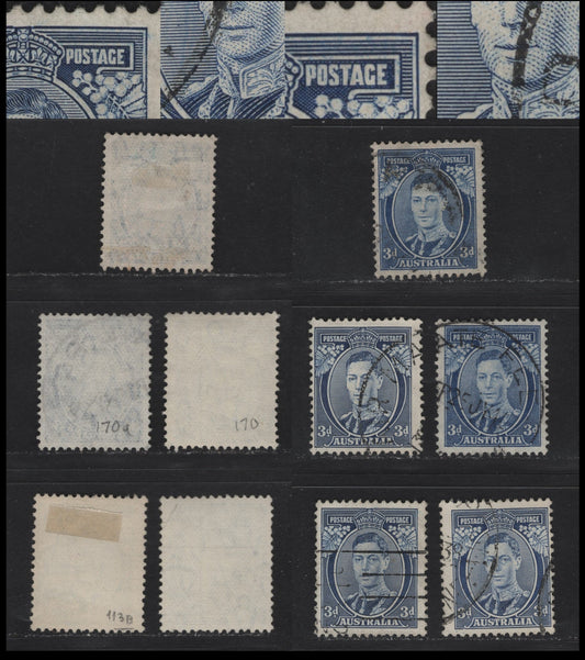 Lot 200 Australia (C) SG#168,b-c,ca 3d Blue , 1937-1949 Zoological Issue, 5 Fine Used Singles, Dies 1, 1a & 2 On ChalkyPaper, Two Shades Of Die 2 On Ordinary Paper