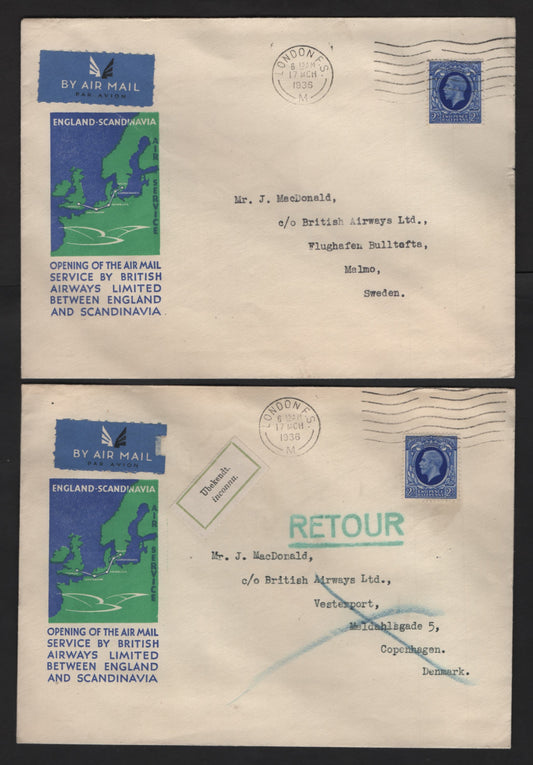 Lot 201 Great Britain SG#443 2.5d Ultramarine King George V, 1934-1936 KGV Photogravure Issue, 2 Very Fine Used Commemorative Covers, Opening Of UK-Scandinavia Airmail, One For Sweden, One For Denmark.