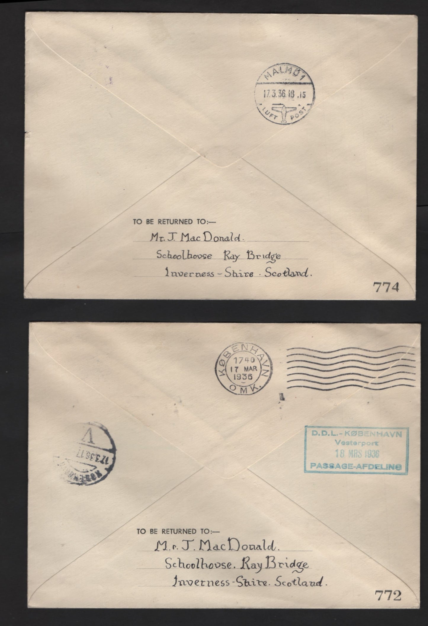 Lot 201 Great Britain SG#443 2.5d Ultramarine King George V, 1934-1936 KGV Photogravure Issue, 2 Very Fine Used Commemorative Covers, Opening Of UK-Scandinavia Airmail, One For Sweden, One For Denmark.